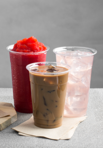 Three drinks including iced coffee, smoothie and flavored water 